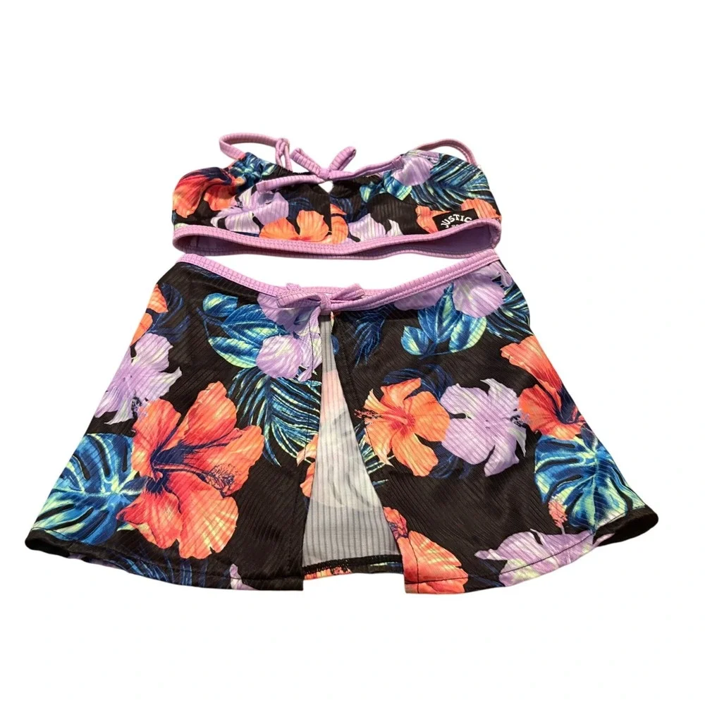 Justice 3-Piece Swimsuit Kids XS 5/6 Black Floral Good Ribbed Tropical Set
